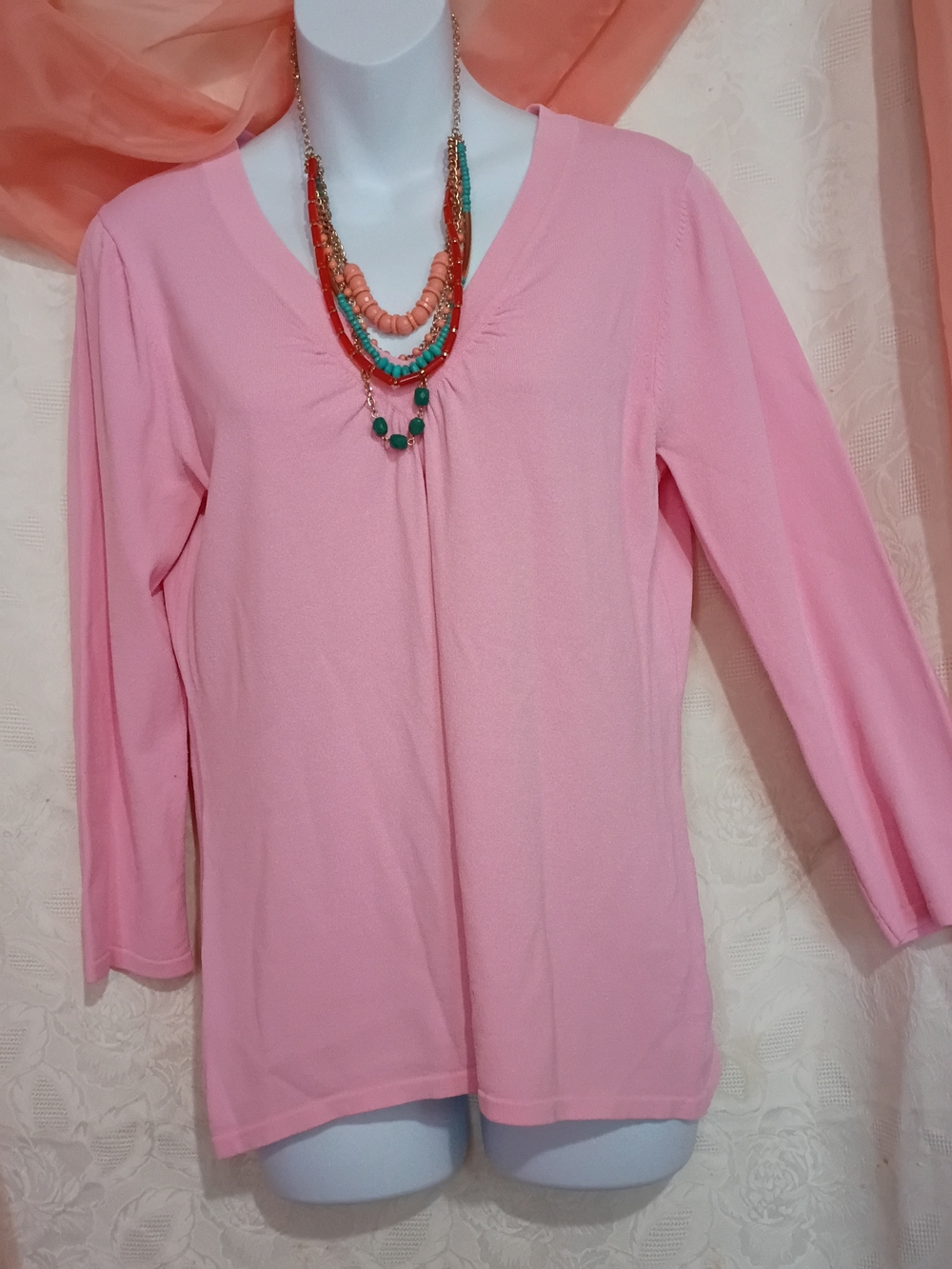 Cable & Gauge Ladies Light Pink V-Neck Long Sleeve Blouse Sz Lg